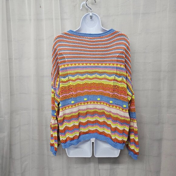 Crewneck Sweater Crochet Knit Orange Blue Striped Boho Colorful L - Picture 6 of 10